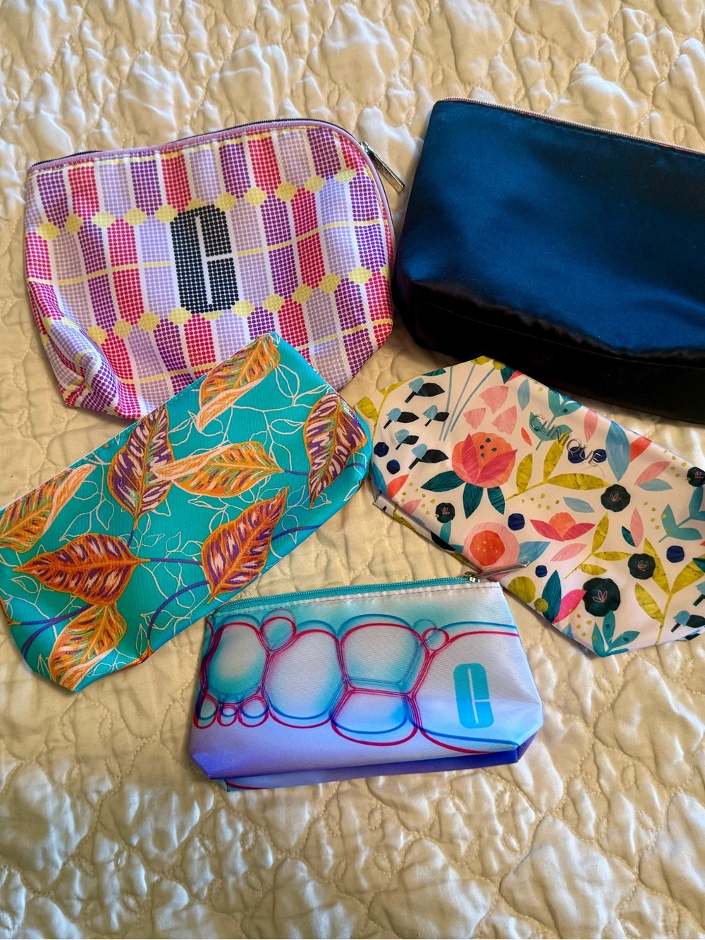 Set of 5 Colorful Cosmetic Bags - Floral, Teal Leaf, Bubble Print, Plaid, Black